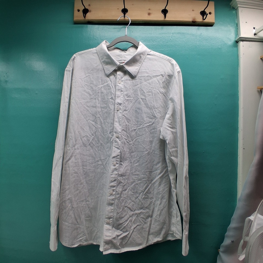 Calvin Klein Button Down Shirt XL White Striped Cotton Classic Professional